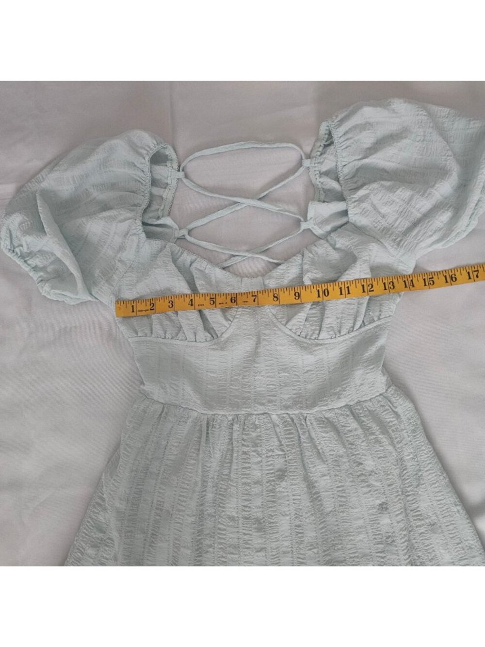 Forever 21 Puff Sleeve Crisscross Tie Back Tiered Skirt Maxi Dress Size Medium - Picture 10 of 13